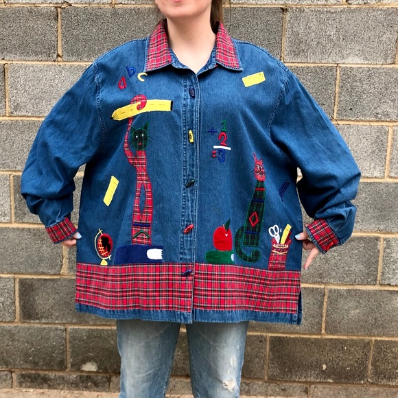 Vintage Tops - Vintage Blue Denim w/ Cute Teacher/School Decora